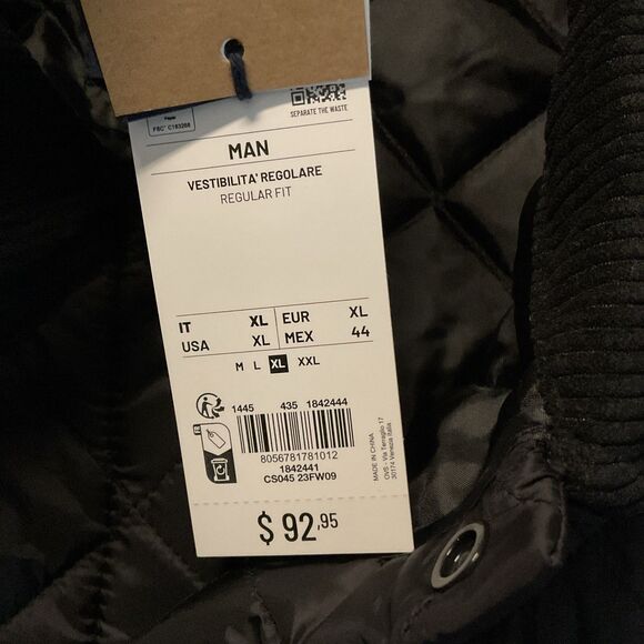 Piombo XL Coat Quilted Snap Jacket Black Corduroy Collar Lightweight Mens NWT - Picture 4 of 9